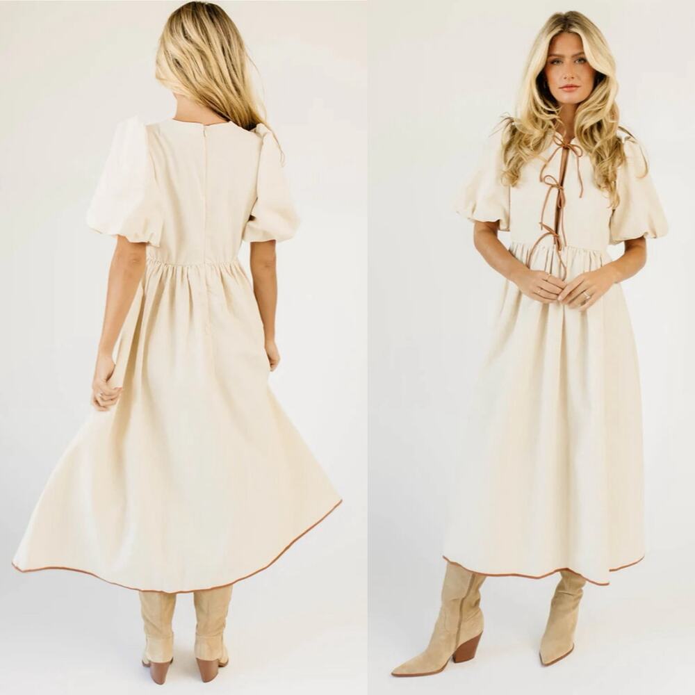 Cream Midi Dress with Tie Detail